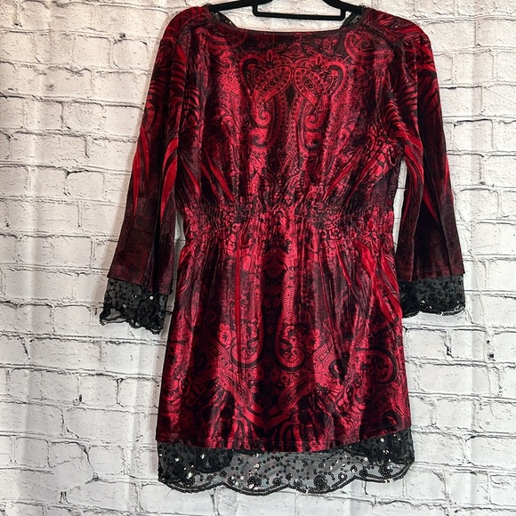 ⭐️ One World boho red velvet black lace sequins accent long sleeve tunic S - Picture 6 of 16